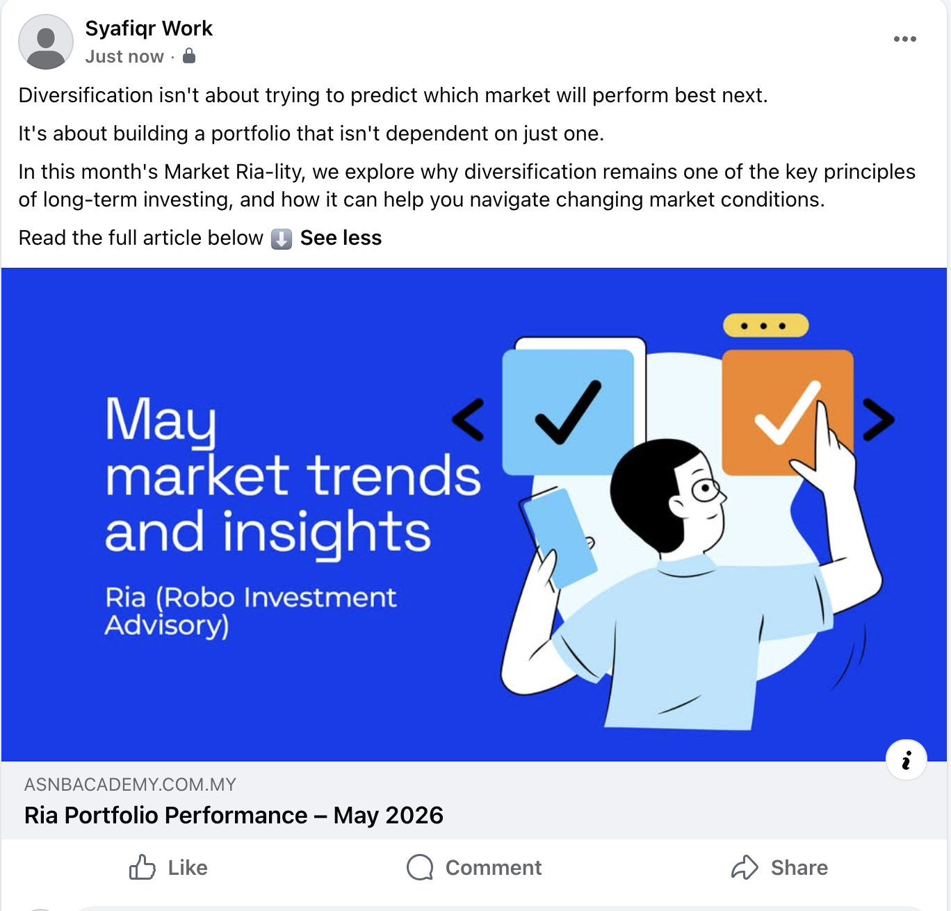 Facebook link post: Ria Portfolio Performance – May 2026 on ASNB Academy